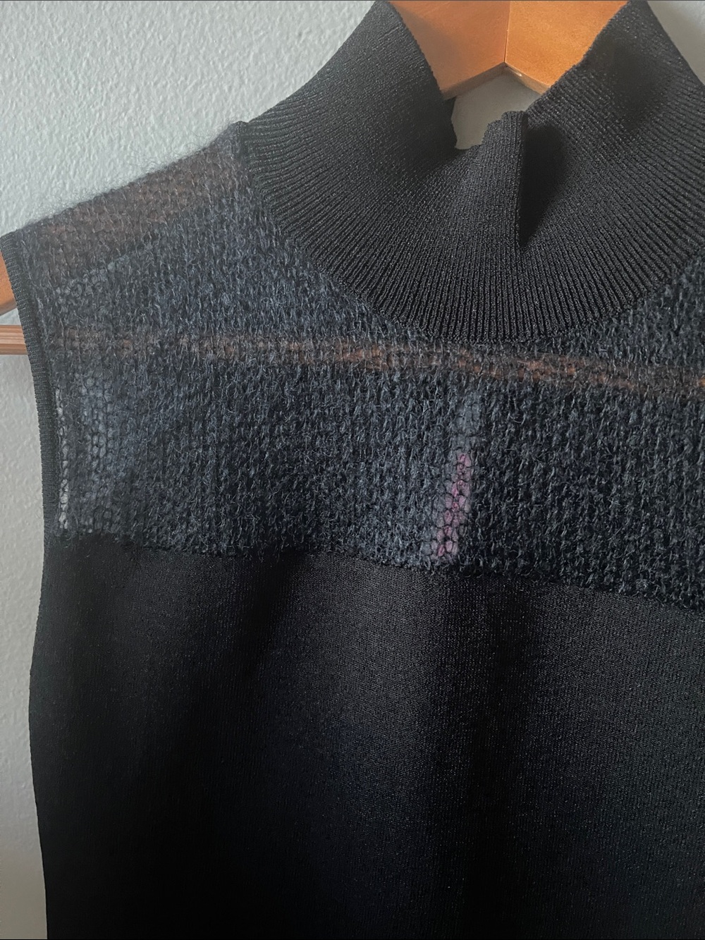 Black Sleeveless Mock Neck Top with Sheer Knit Yoke front and back Italy - Picture 10 of 14
